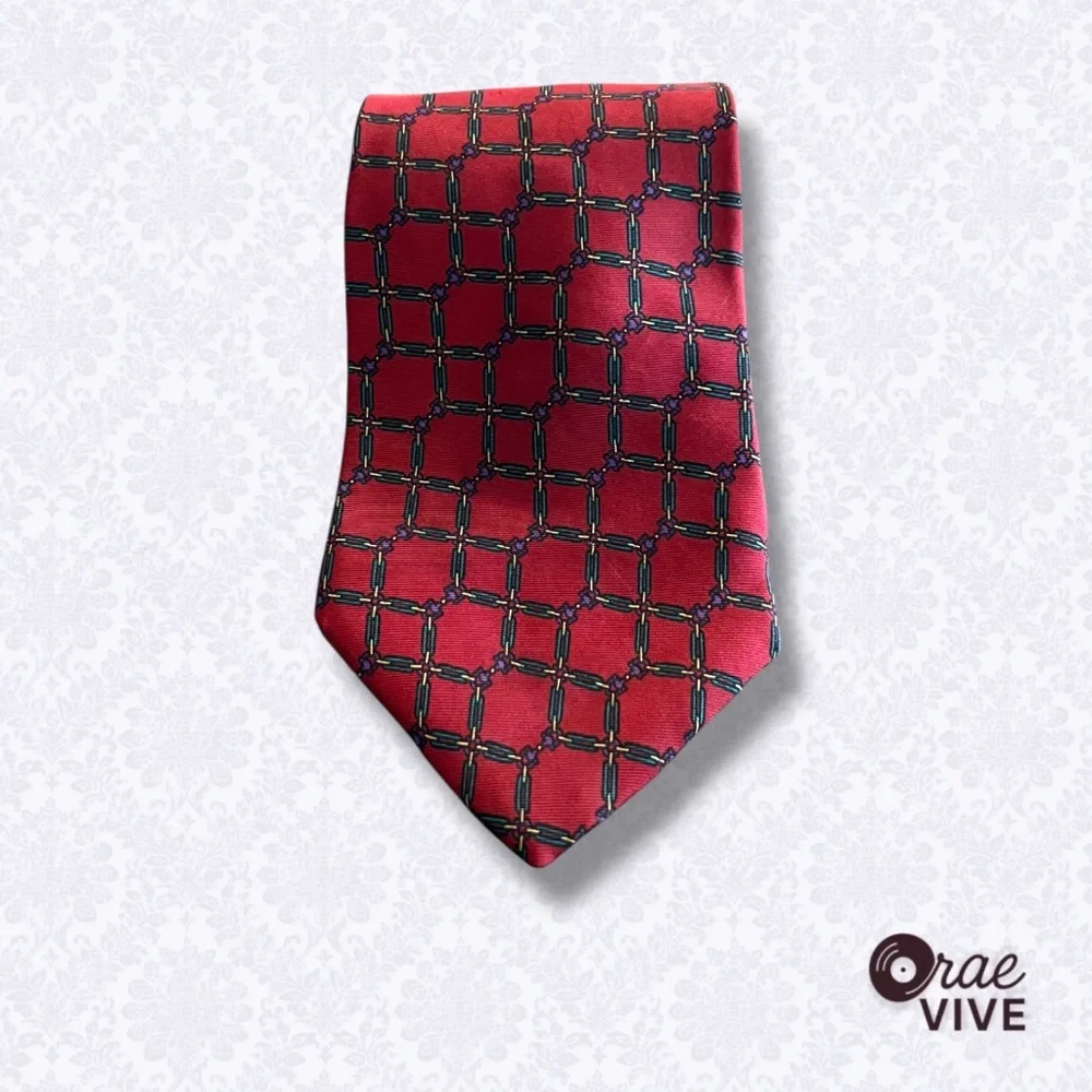 Christian Dior Monsieur Red Silk Tie Geometric Chain Print Made in USA